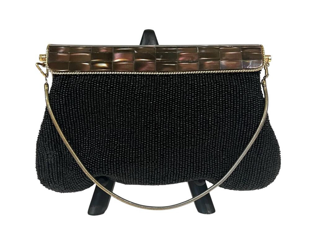 Vintage Beaded Evening Purse Clutch Handbag Black w/ Amber Abalone Shell Clasp